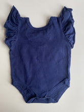 Load image into Gallery viewer, Ollie&#39;s Place baby girl size 0-3 months navy blue frill sleeve bodysuit bow VGUC
