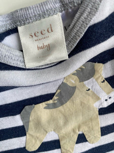 Seed baby size 3-6 months navy blue white stripe one-piece horse, GUC