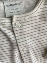 Load image into Gallery viewer, Marquise baby size 0-3 months grey white stripe button up one-piece, VGUC
