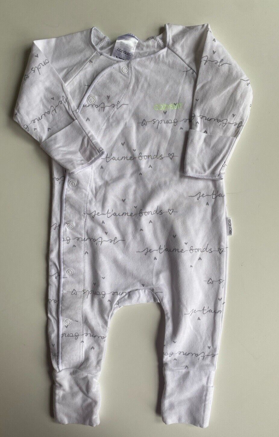 Bonds baby size 0-3 months white cozysuit one-piece button up, VGUC