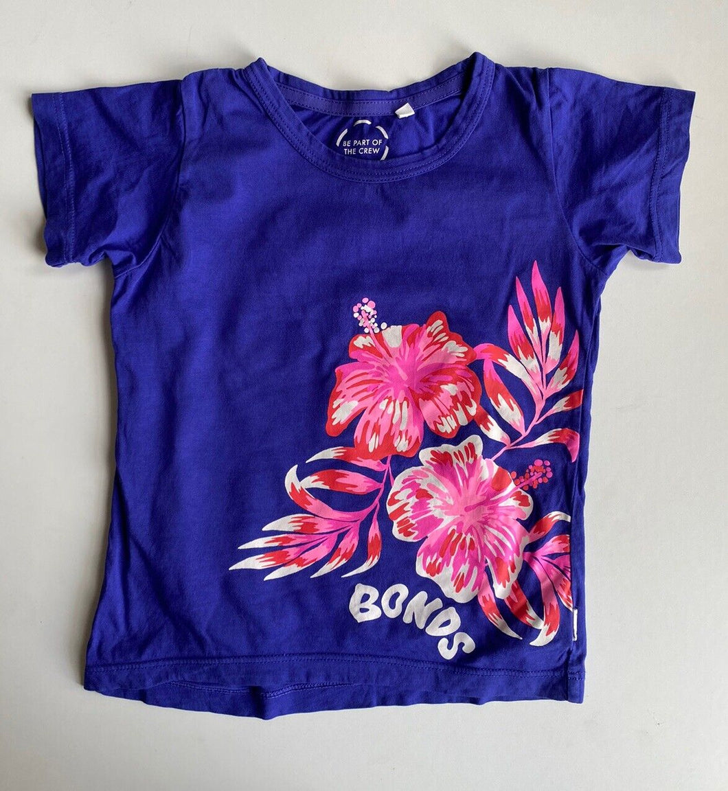 Bonds kids girls size 5 blue purple pink floral short sleeve t-shirt top, VGUC