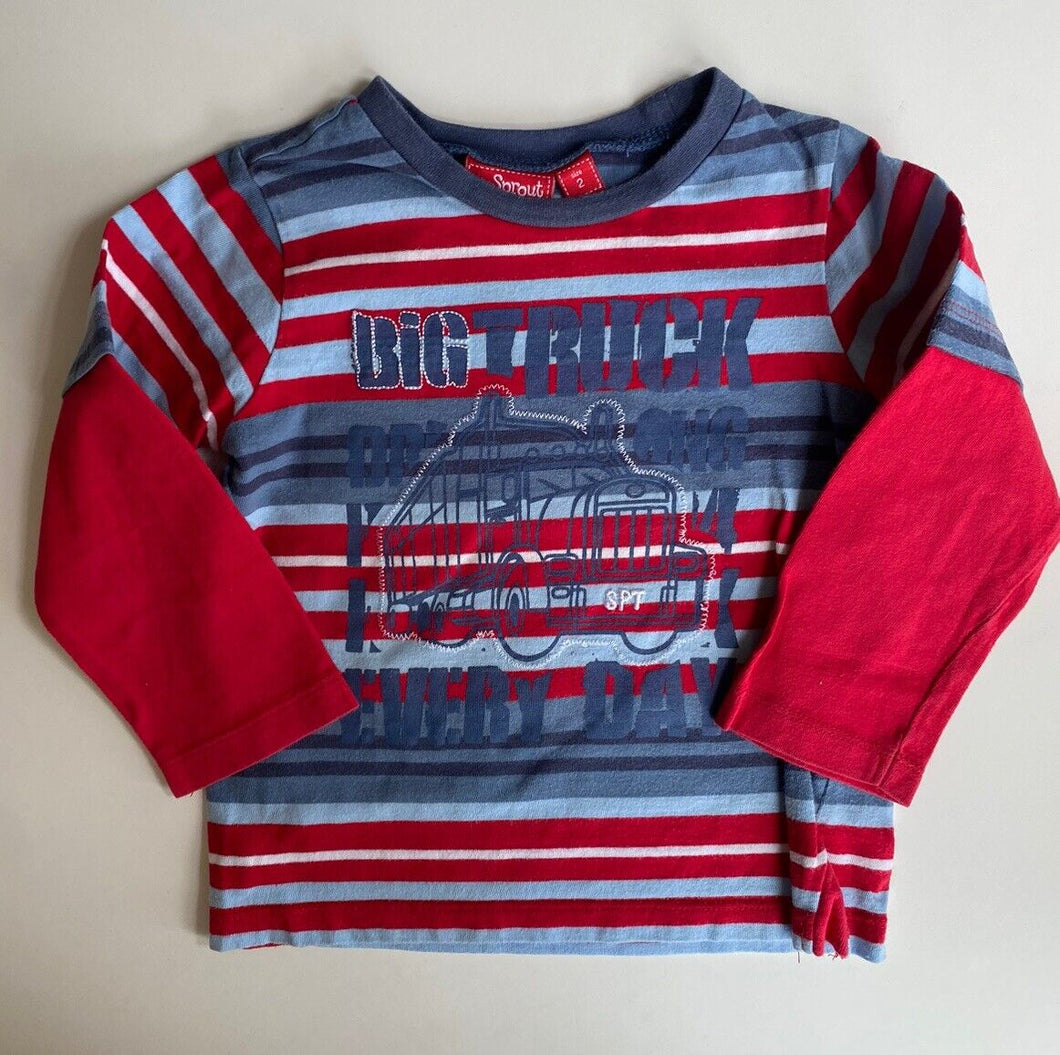 Sprout kids toddler size 2 red blue stripe long sleeve top t-shirt truck, VGUC