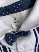 Load image into Gallery viewer, Target baby boy size 3-6 months white blue one-piece collar suspenders, VGUC
