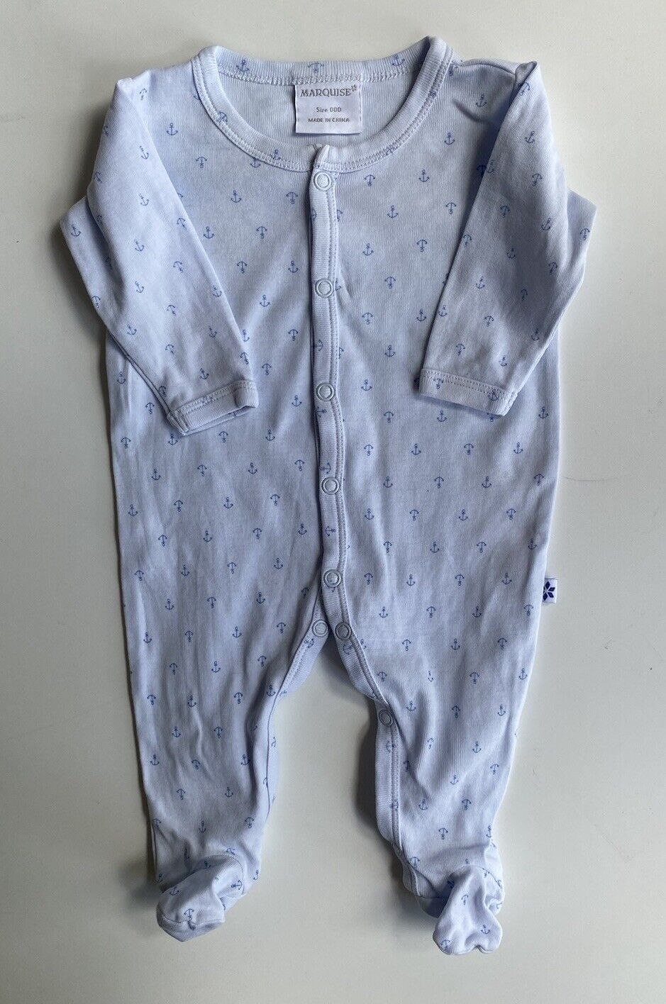 Marquise baby size 0-3 months blue anchors one-piece button up suit, VGUC