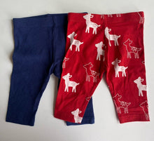 Load image into Gallery viewer, M&amp;S baby size 0-3 months x2 pairs leggings red deer blue ribbed, VGUC
