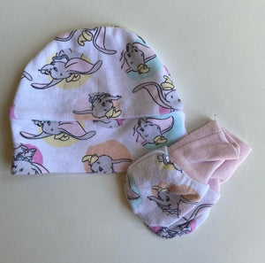 Disney baby size small newborn 00000 white Dumbo beanie mittens set, VGUC