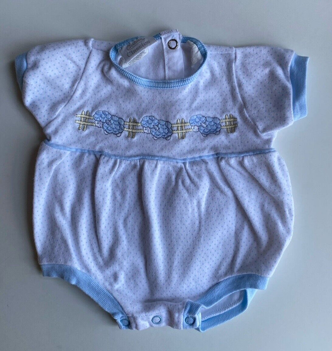 Carter's Classics baby size 0-3 months white blue spot sheep romper, VGUC