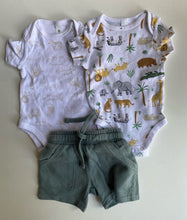 Load image into Gallery viewer, Dymples baby size 0-3 months animal bodysuits shorts bundle, VGUC
