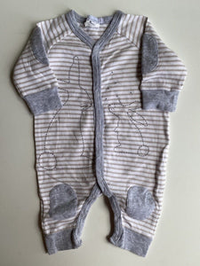 Precious baby size 0-3 months brown white stripe one-piece bunnies, VGUC