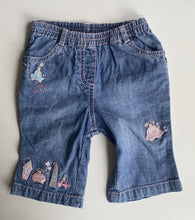 Load image into Gallery viewer, Next baby girl size newborn blue pink jeans pants cars, VGUC
