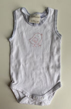 Load image into Gallery viewer, Marquise baby size 0-3 months white bodysuit tank singlet pink bird, VGUC
