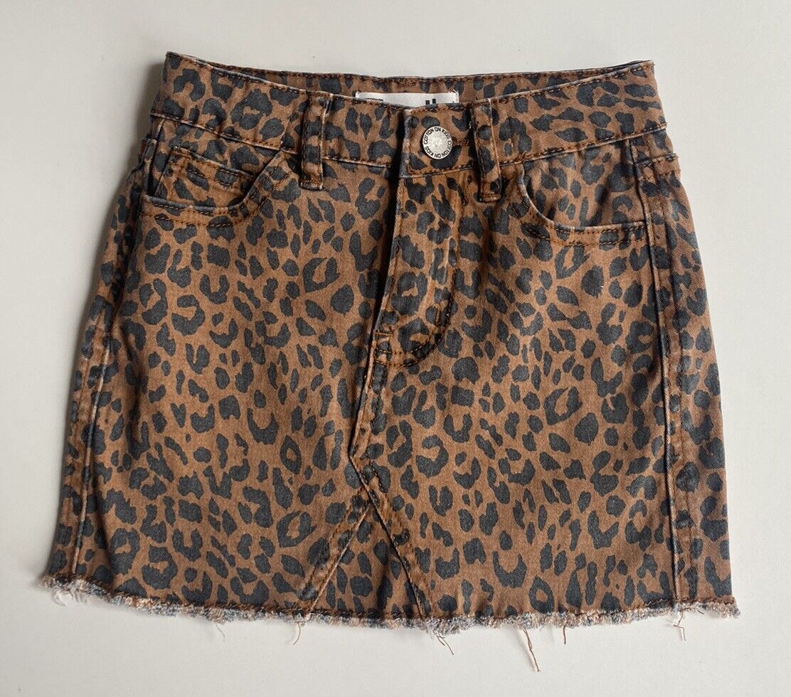Cotton On Kids girls size brown black leopard print denim mini skirt