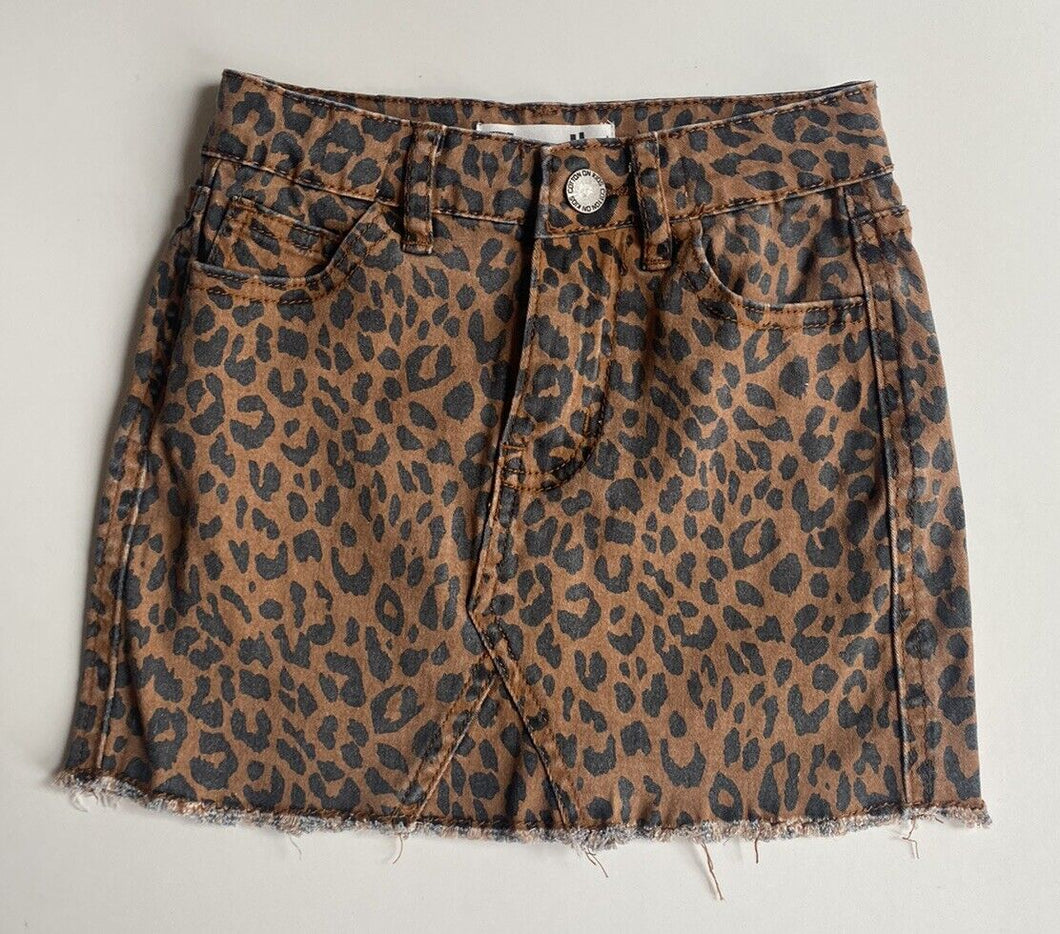 Cotton On Kids girls size 4 brown black leopard print denim mini skirt, VGUC