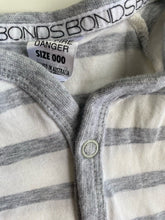 Load image into Gallery viewer, Bonds baby size 0-3 months grey white stripe one-piece growsuit, VGUC
