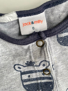 Jack & Milly baby size 6-12 months grey blue zebras one-piece, GUC