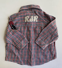 Load image into Gallery viewer, Run Scotty Run baby size 6-12 months black red check button up shirt, VGUC
