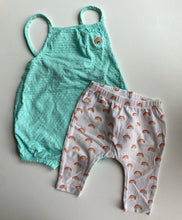 Load image into Gallery viewer, Next baby girl size 0-3 months mint green romper leggings set rainbows, VGUC
