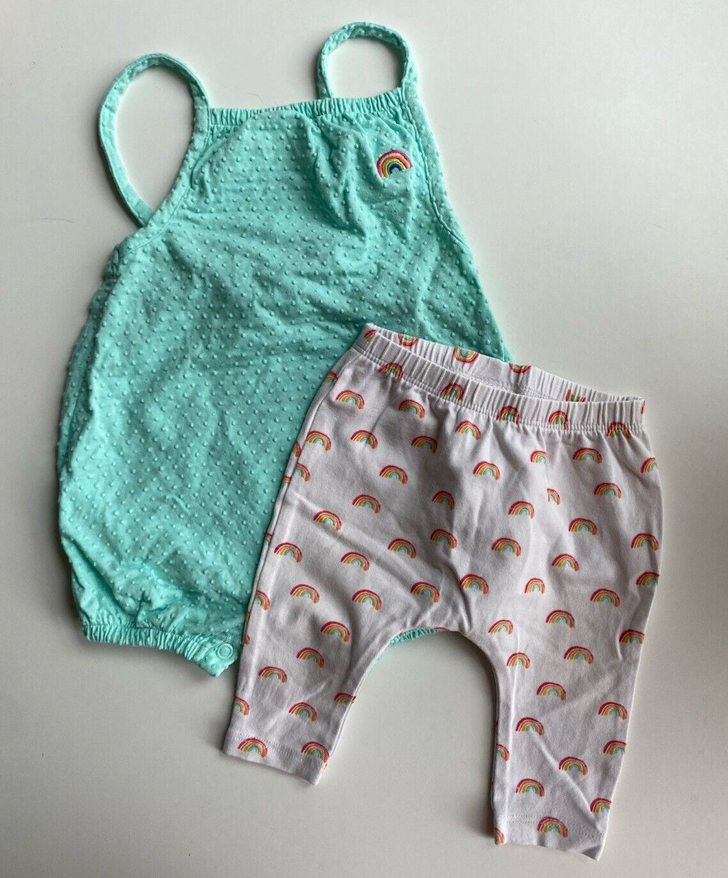 Next baby girl size 0-3 months mint green romper leggings set rainbows, VGUC