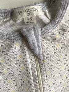 Purebaby baby size 3-6 month white grey yellow patterned one-piece growsuit VGUC