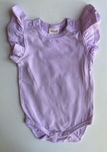 Load image into Gallery viewer, Seed baby girl size newborn purple frill sleeve bodysuit top, VGUC
