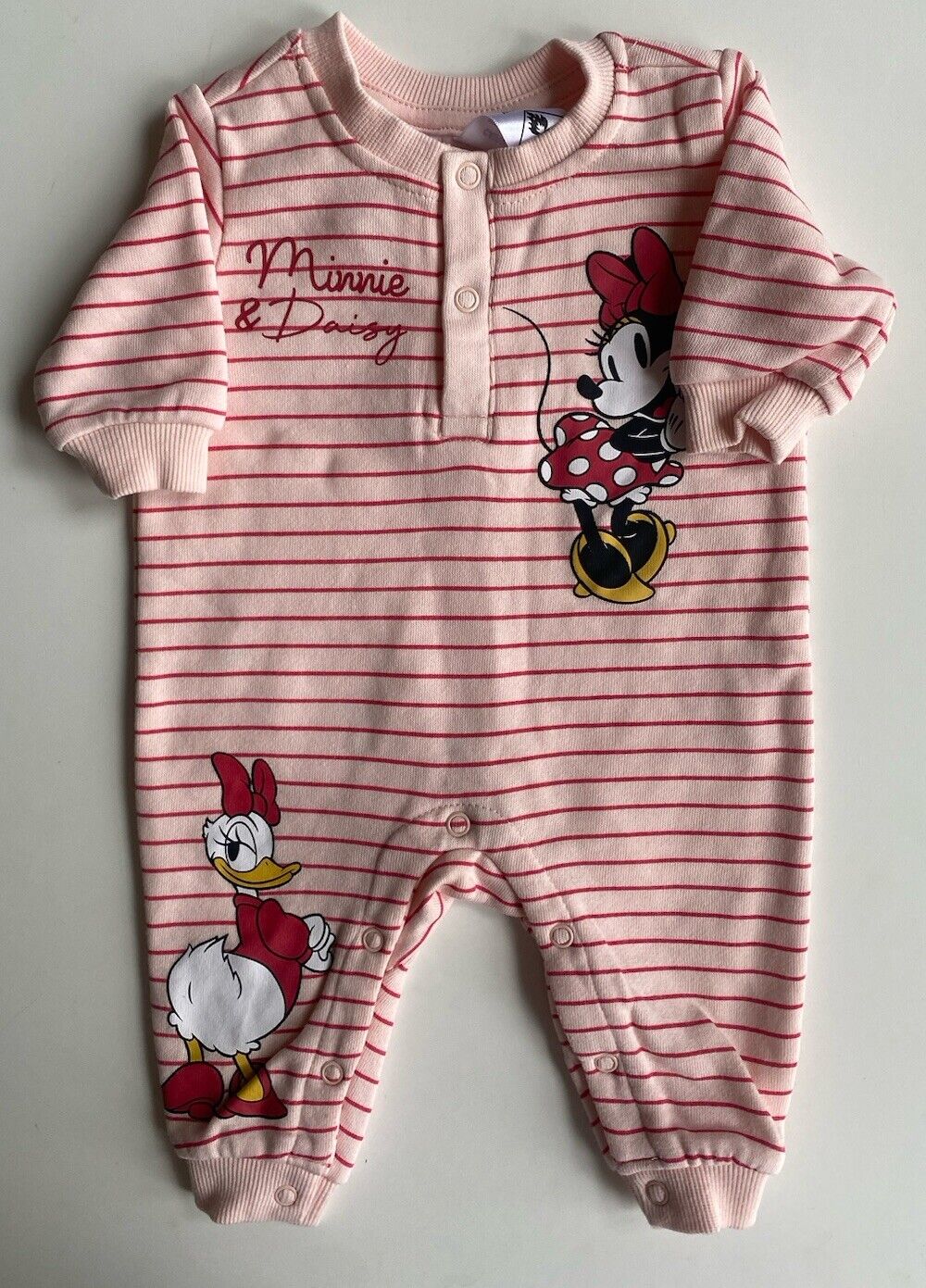 Disney Baby baby girl size newborn pink stripe Minnie Mouse Daisy one-piece, EUC