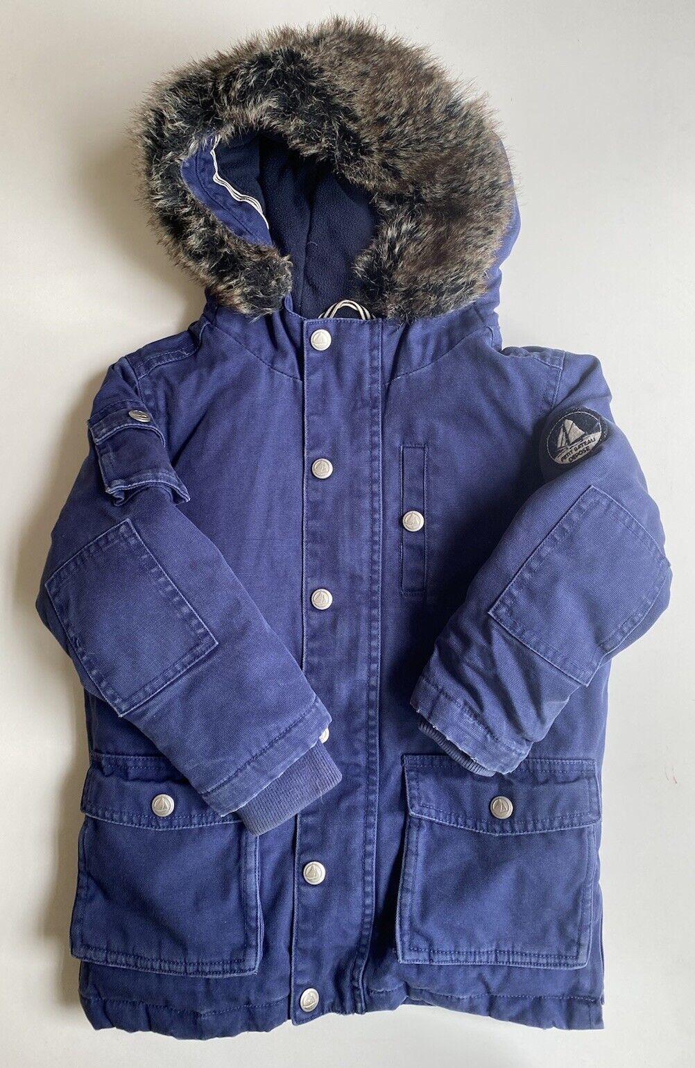 Petit Bateau kids size 4 years blue hooded jacket fluffy collar thick warm, VGUC