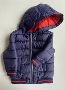 Higgledee baby size 6-12 months navy blue red hooded puffer jacket, VGUC