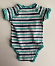 Load image into Gallery viewer, Bonds baby size 0-3 months blue green stripe t-shirt bodysuit top, VGUC
