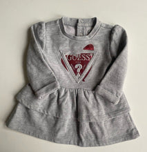 Load image into Gallery viewer, Guess baby girl size 3-6 months grey tiered jumper dress pink logo, VGUC
