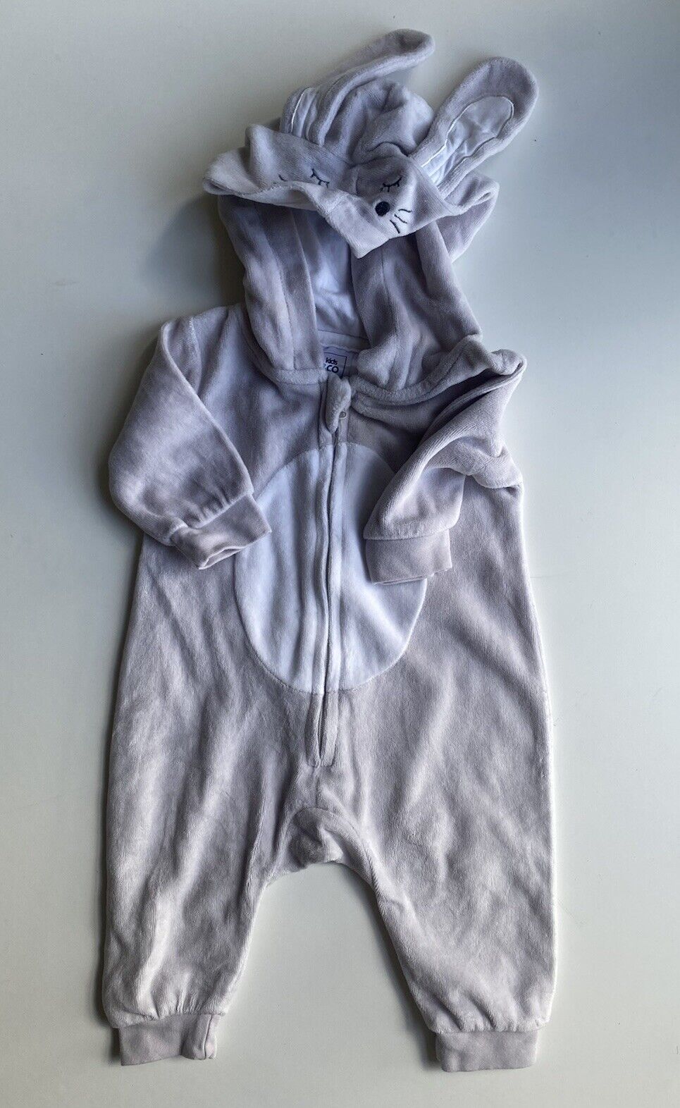 Kids & Co. baby size 0-3 months grey velour hooded bunny one-piece, VGUC