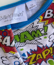 Load image into Gallery viewer, Babytown baby size 3-6 months grey one-piece superheroes ZAP! WHAM!, VGUC
