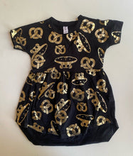 Load image into Gallery viewer, Huxbaby baby girl size 12-18 months black gold pretzel spaceship dress, VGUC
