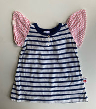 Load image into Gallery viewer, Oobi baby girl size 6-12 months blue white stripe pink sleeve dress, VGUC
