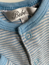 Load image into Gallery viewer, Bebe by Minihaha baby size prem 00000 blue grey stripe one-piece train, VGUC
