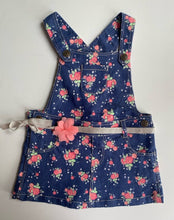 Load image into Gallery viewer, Target baby girl size 6-12 months blue denim pinafore dress pink floral, EUC
