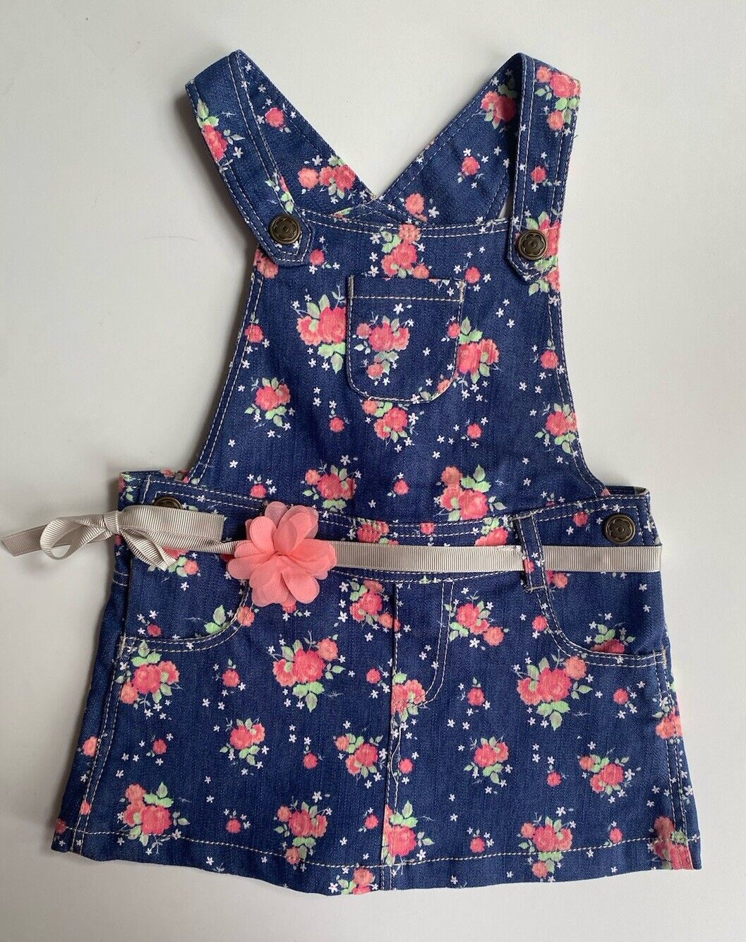 Target baby girl size 6-12 months blue denim pinafore dress pink floral, EUC