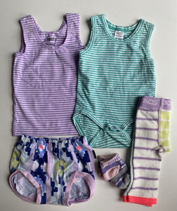 Bonds baby girl size 0-3 months purple green tops pants socks bundle, VGUC