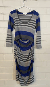 Ripe women's size S maternity grey blue stripe long sleeve fitted dress, VGUC