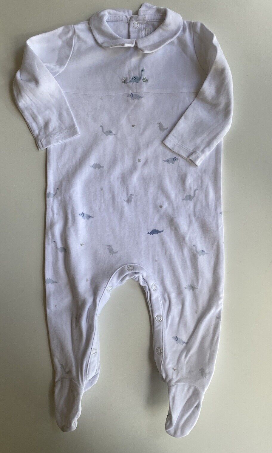 Little White Company baby size 6-9 months white collared one-piece dinosaur VGUC