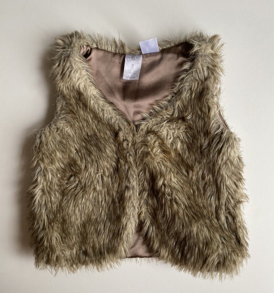 H&T kids girls toddler size 3 brown fluffy faux fur vest jacket, VGUC