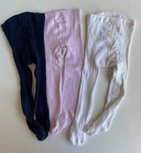 Load image into Gallery viewer, Seed baby girl size 0-6 months x3 pairs knitted tights blue pink white, GUC
