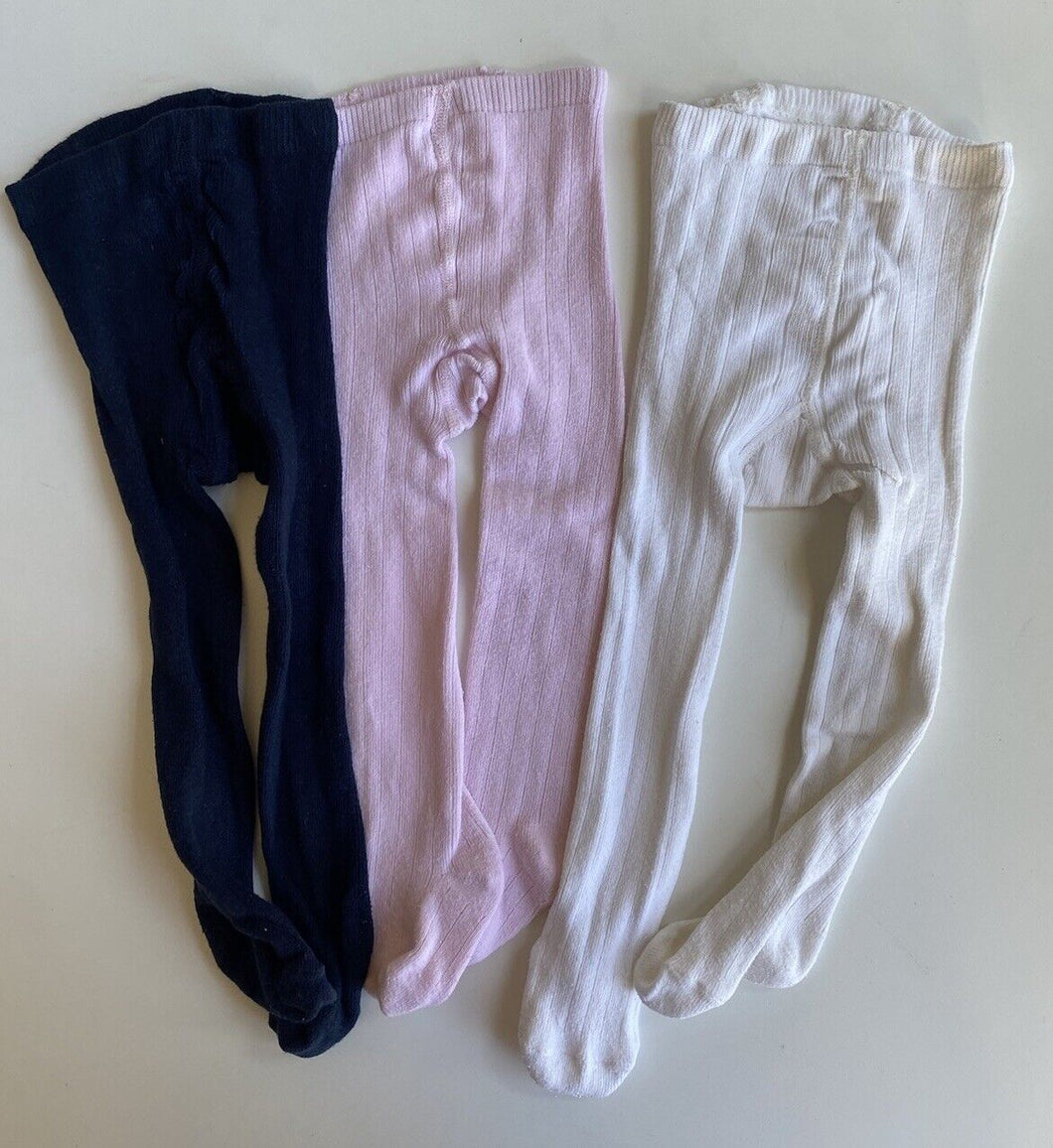 Seed baby girl size 0-6 months x3 pairs knitted tights blue pink white, GUC