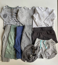 Load image into Gallery viewer, H&amp;M baby size 1-2 months bundle grey stripe leggings shorts tops set, VGUC
