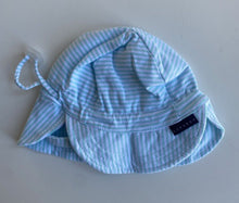 Load image into Gallery viewer, Korango baby size 0-3 months pale blue white stripe sun hat strap, VGUC
