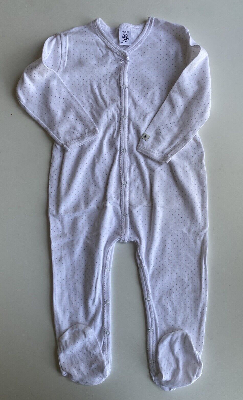 Petit Bateau baby size 18-24 months white gold spotted one-piece growsuit, VGUC