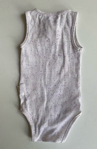 Jamie Kay baby girl size 6-12 months white purple speckled tank bodysuit, VGUC