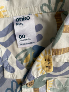 Anko baby boy size 3-6 months white blue button up shirt suns trees, VGUC