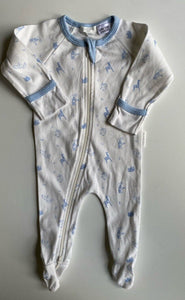 Purebaby baby size 0-3 months white blue animals one-piece growsuit, VGUC