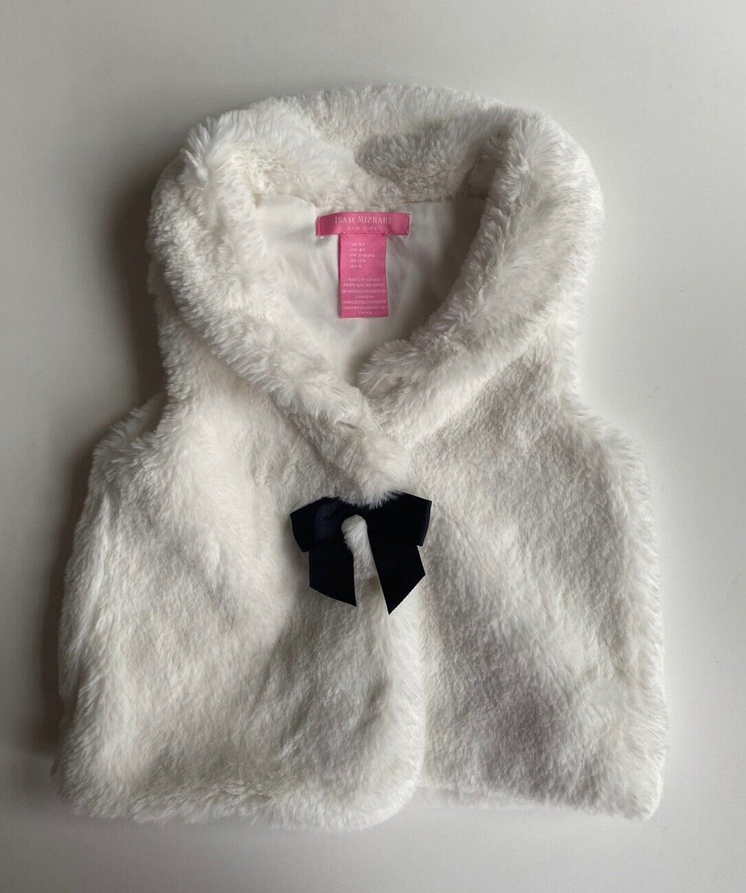 Isaac Mizrahi kids girls size 4 white fluffy collared vest black bow, VGUC