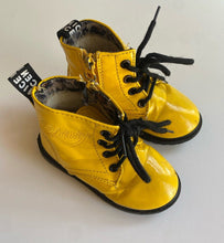 Load image into Gallery viewer, Dinimigi kids size EUR 24 yellow black faux leather lace up boots, GUC
